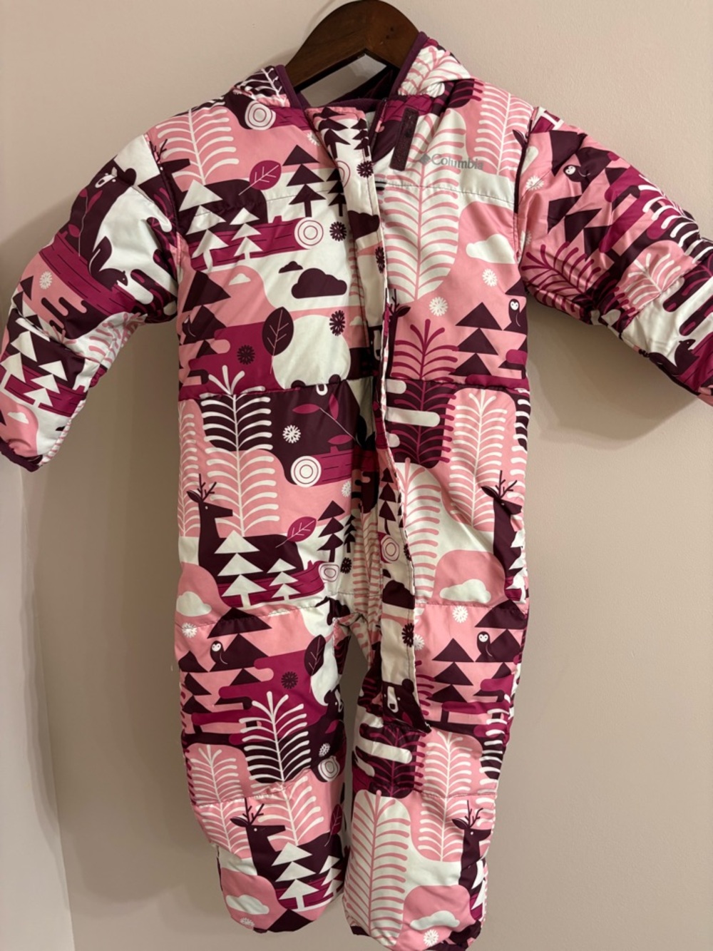 Columbia Pink and Maroon Forest Print Kids One-Piece Snowsuit Winter Snow Suit